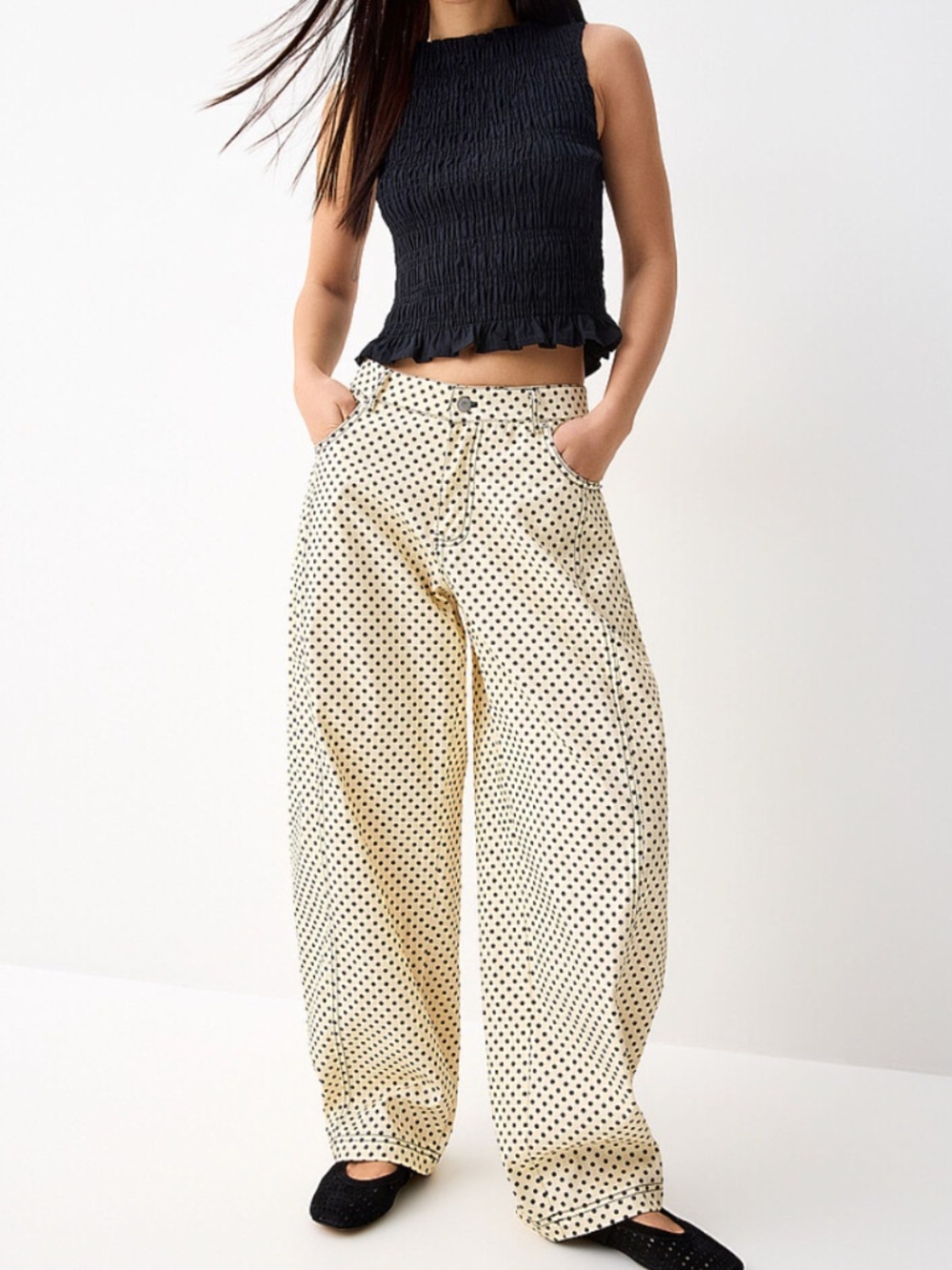 Galita Fashion cream and black polka-dotted barrel-leg jean NWT